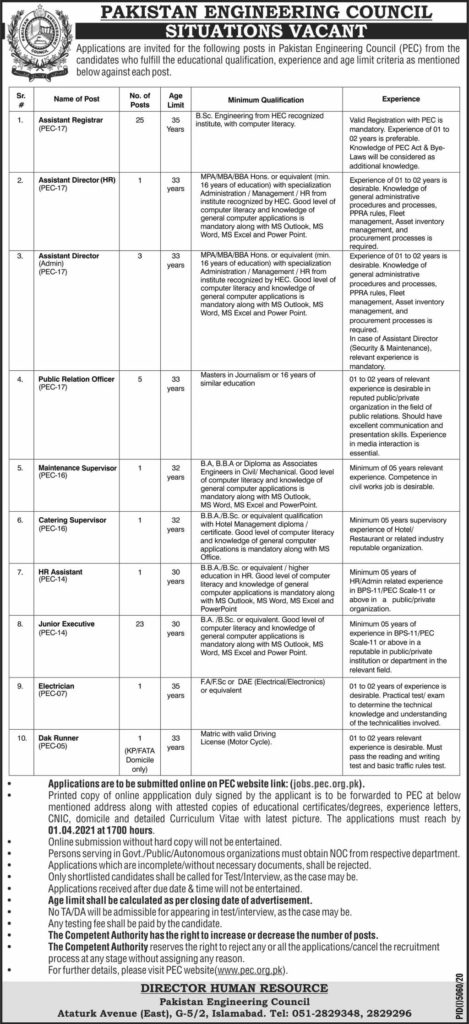 PEC Jobs Advertisement 2021