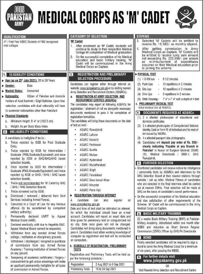 Pak Army M Cadet Advertisement 2021