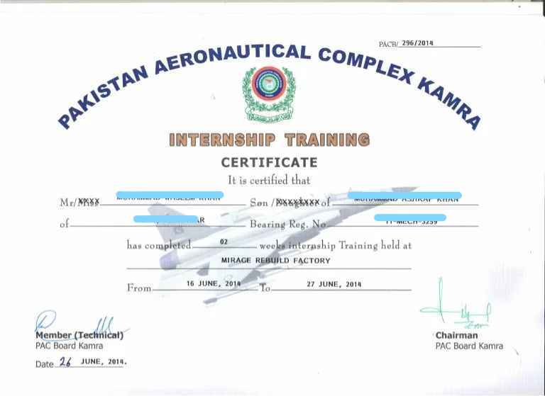 PAC Kamra Internship Certificate