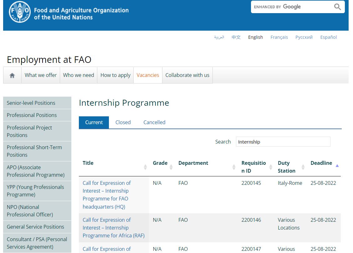 FAO Internship Program 2022 Advertisement